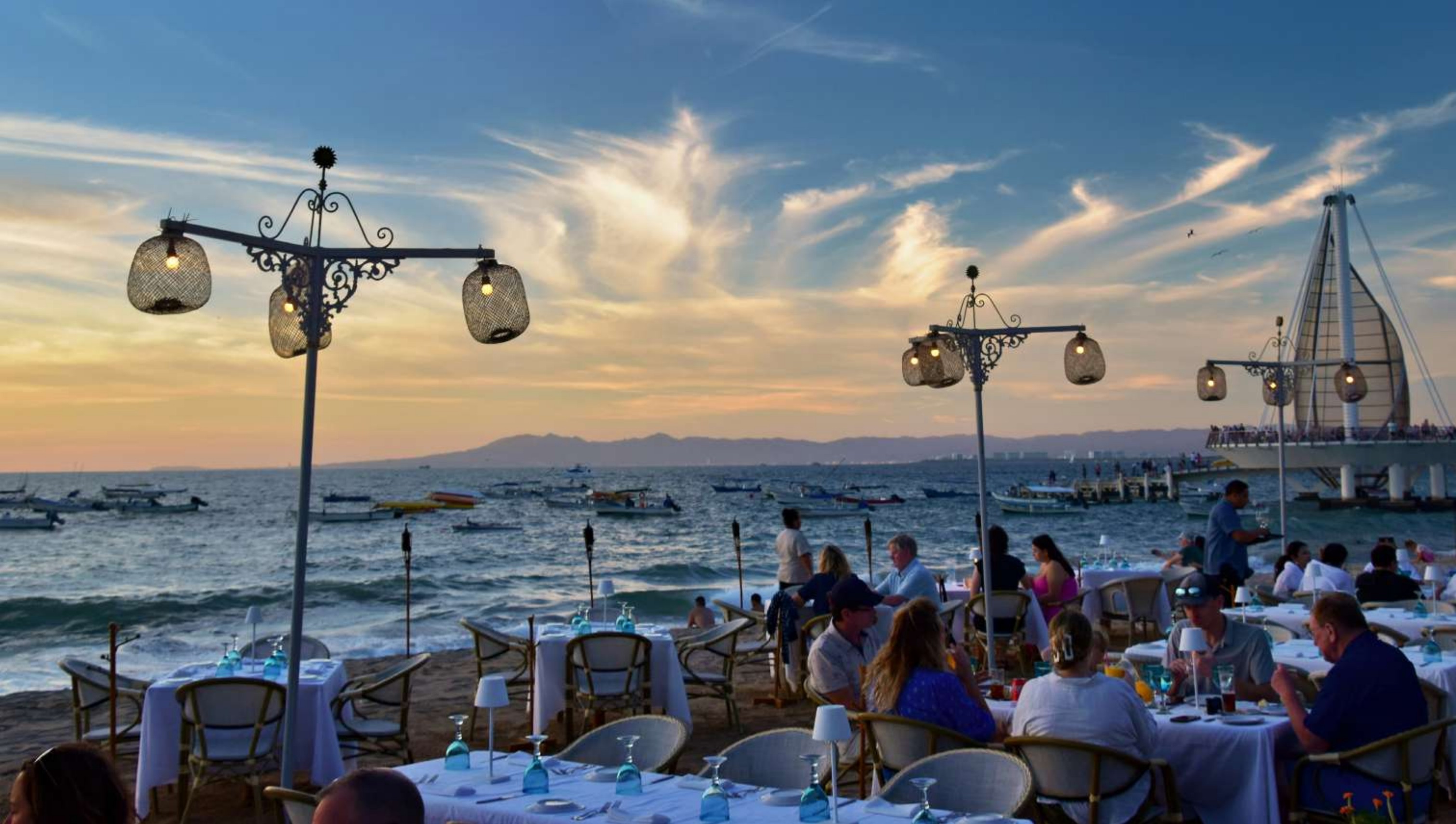 Beachside restaurant at sunset in Puerto Vallarta