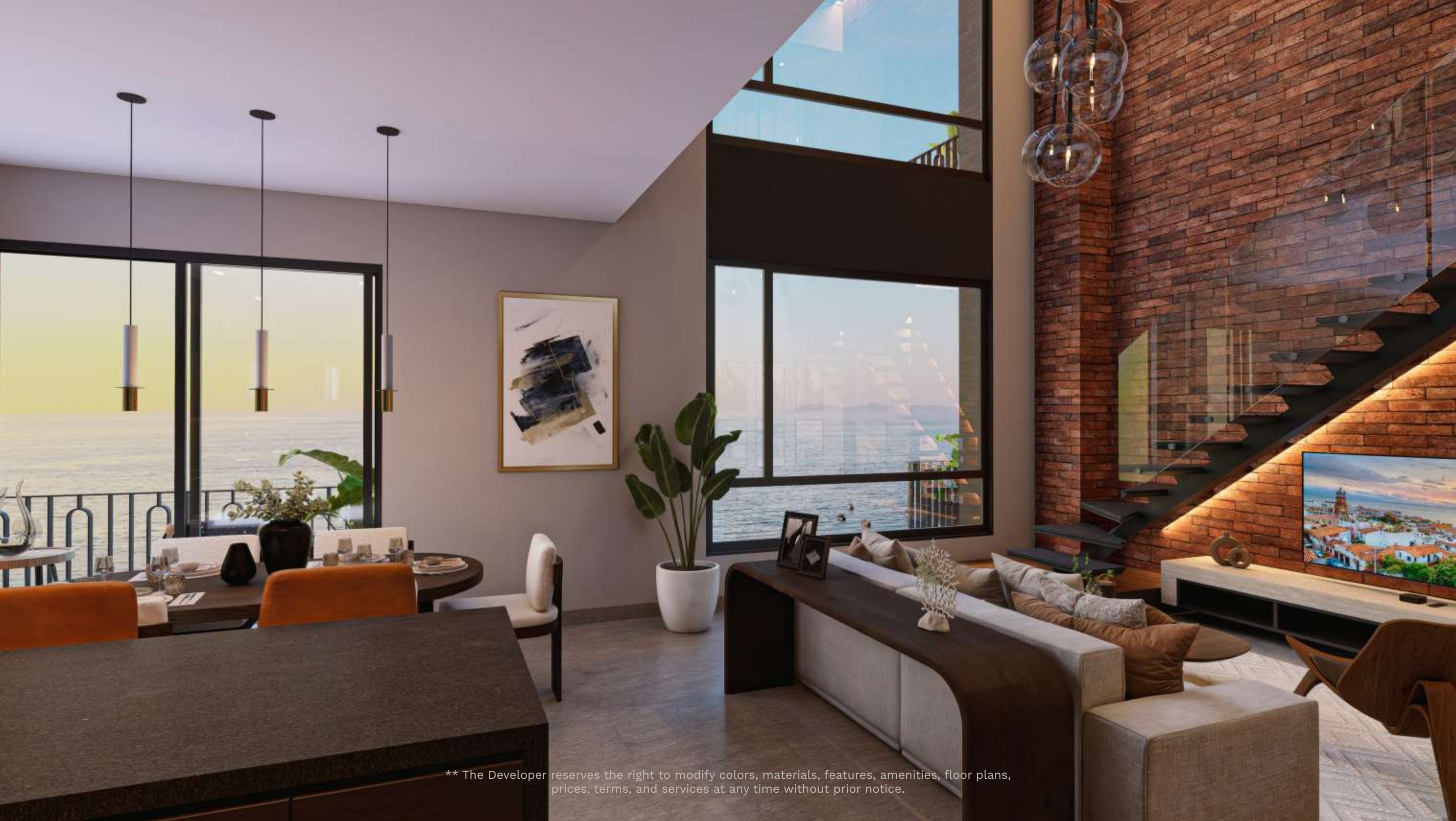 Loft interior with ocean view and brick wall