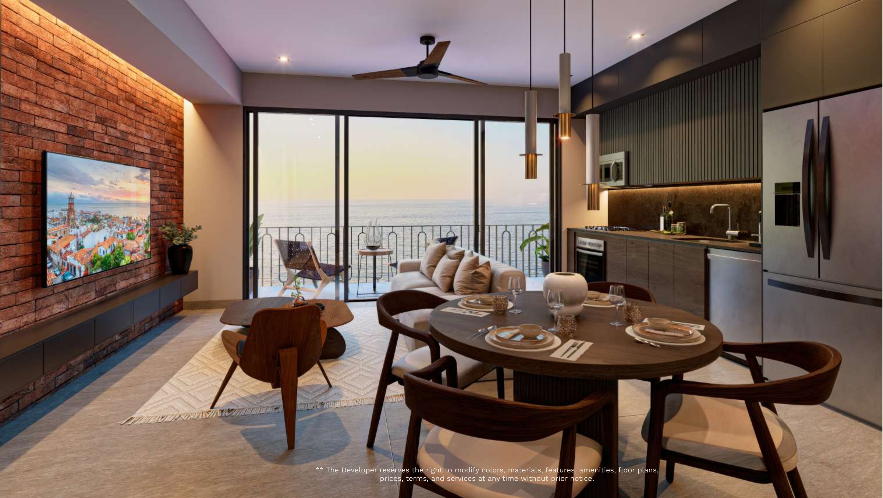 Modern apartment interior with kitchen and ocean view